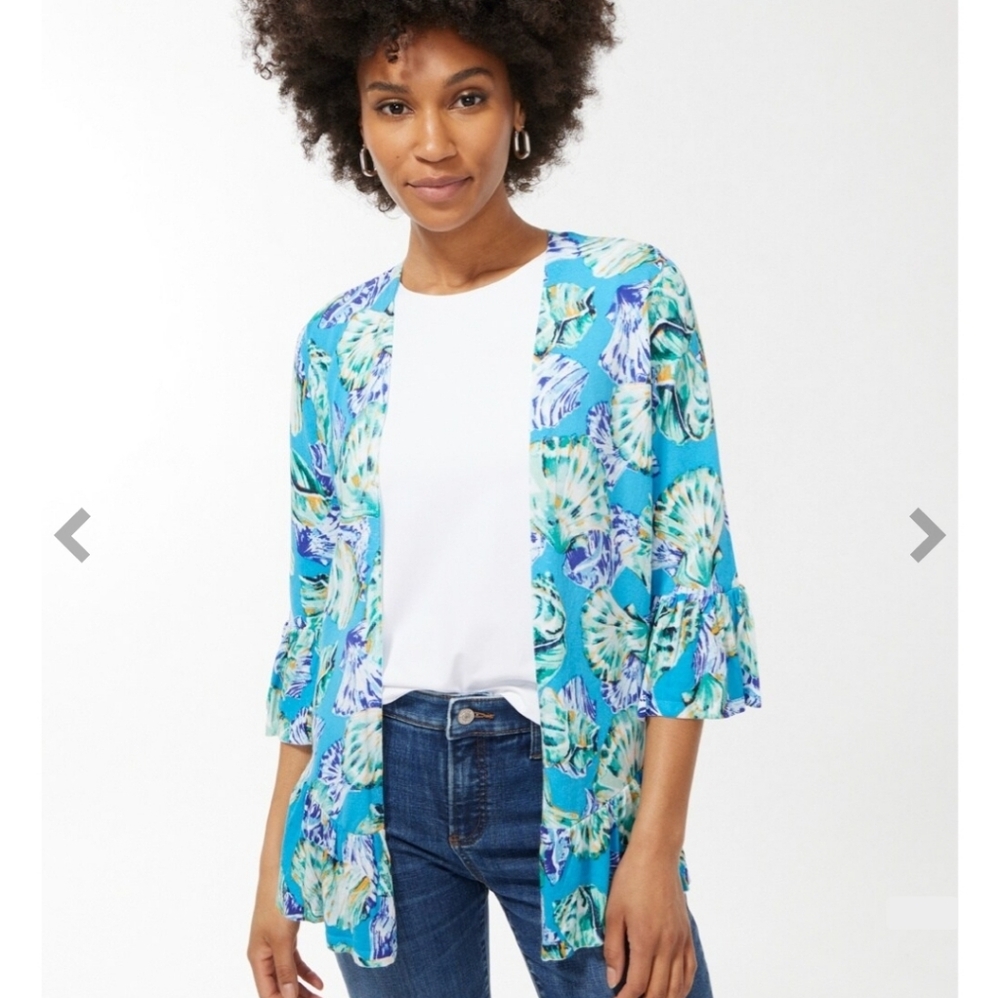 Chico's open front top size 3 US XL blue shells cruise beach Ruffled cardigan *